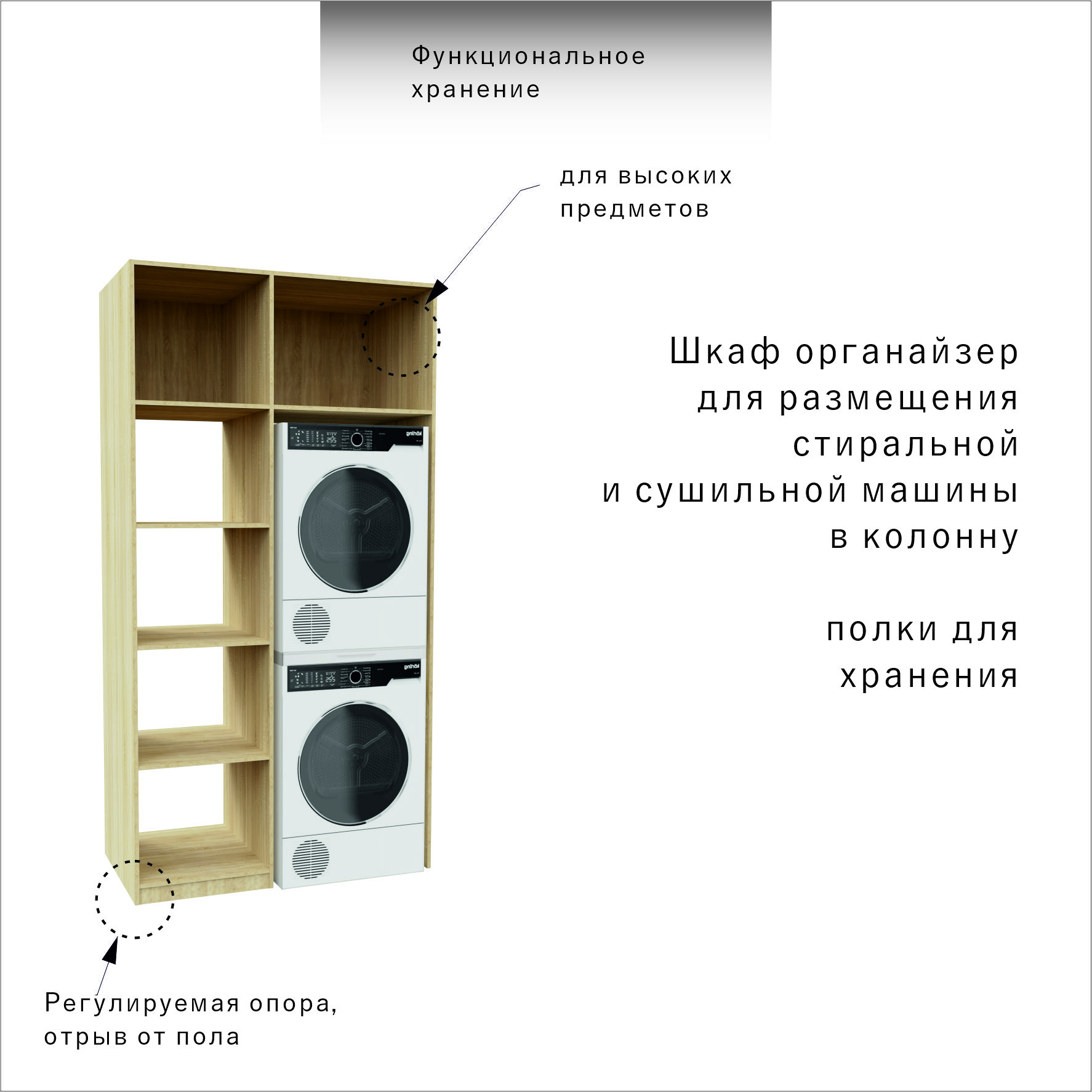 Для стиральной и сушильной машины шкаф органайзер 120см с полками — изображение 8